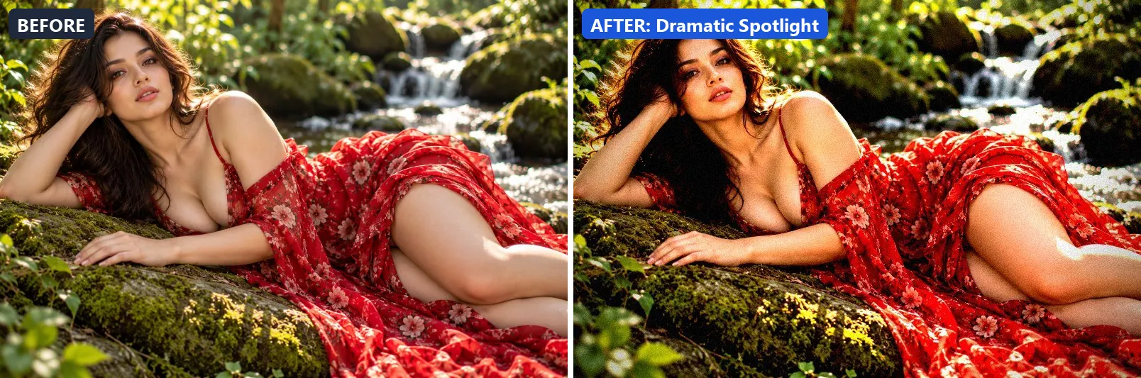 Before and after comparison of the Dramatic Spotlight photo filter (Lighting Effects) on the sample photo