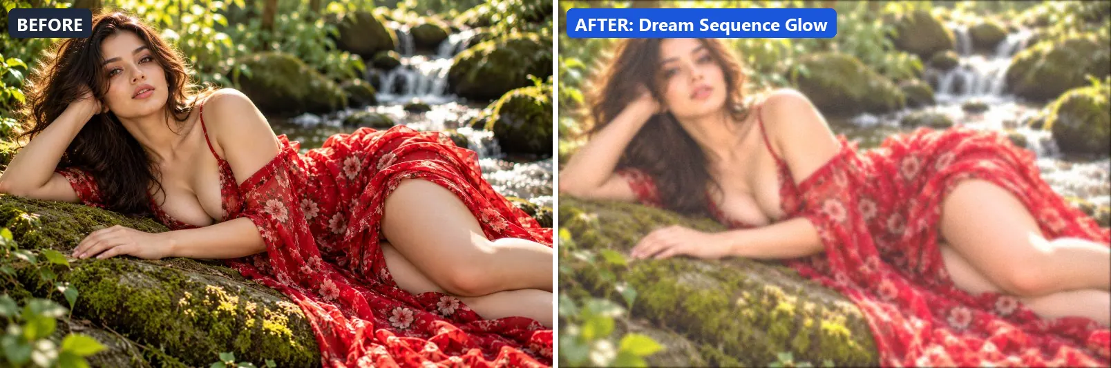 Before and after comparison of the Dream Sequence Glow photo filter (Cinematic) on the sample photo