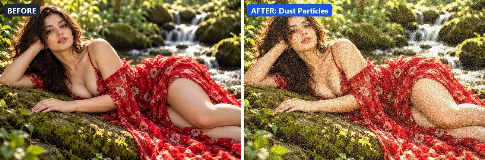 Before and after comparison of the Dust Particles photo filter (Atmosphere) on the sample photo