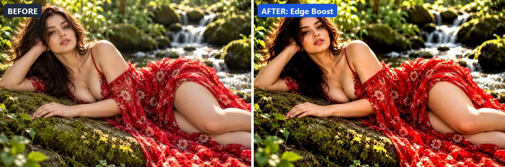 Before and after comparison of the Edge Boost photo filter (Clarity & Detail) on the sample photo