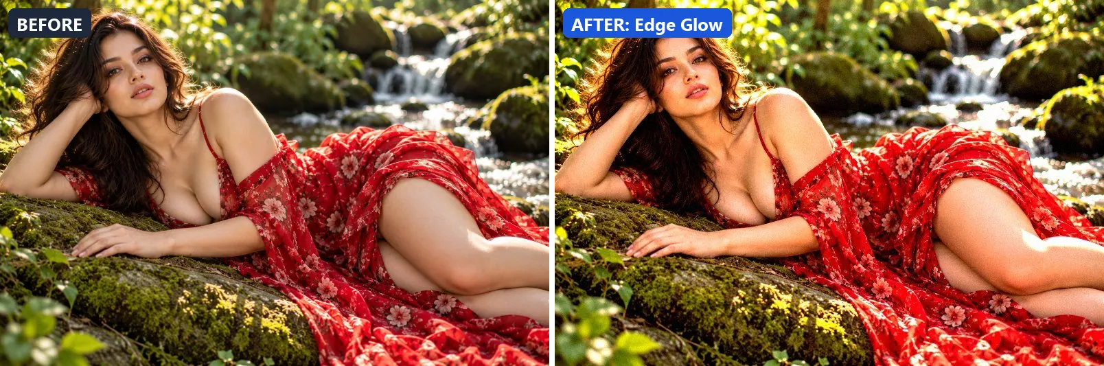 Before and after comparison of the Edge Glow photo filter (Lighting Effects) on the sample photo