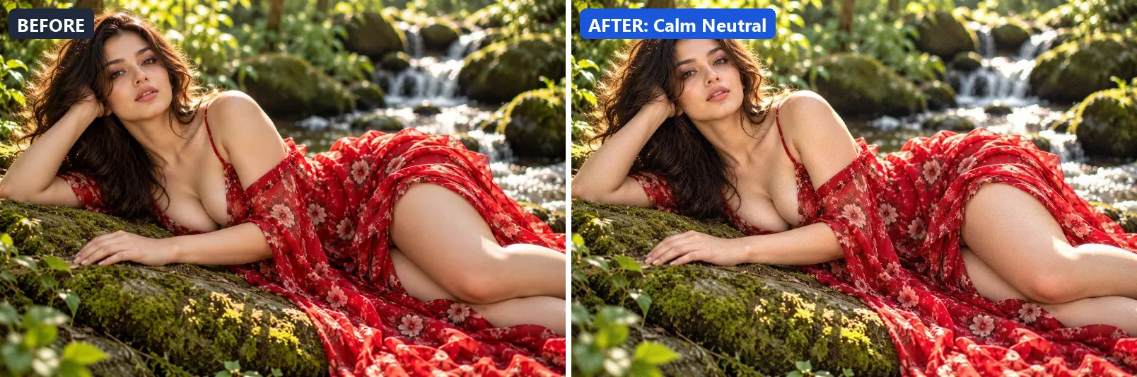 Before and after comparison of the Calm Neutral photo filter (Emotional Mood) on the sample photo