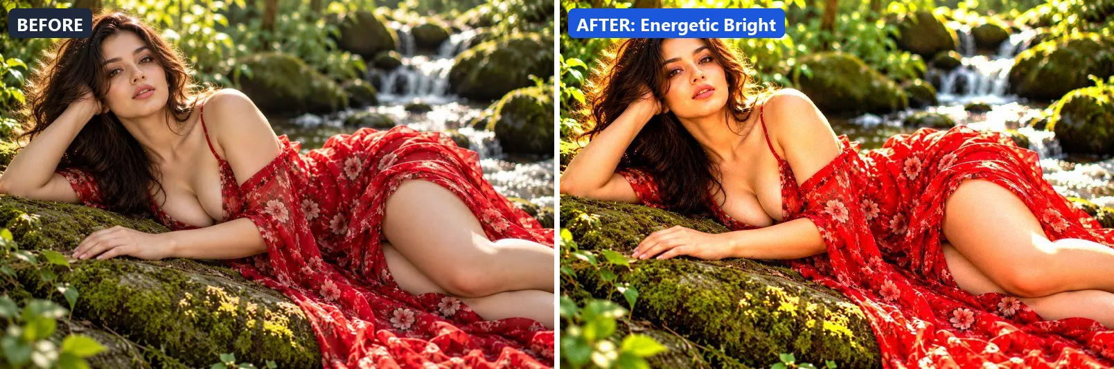 Before and after comparison of the Energetic Bright photo filter (Emotional Mood) on the sample photo