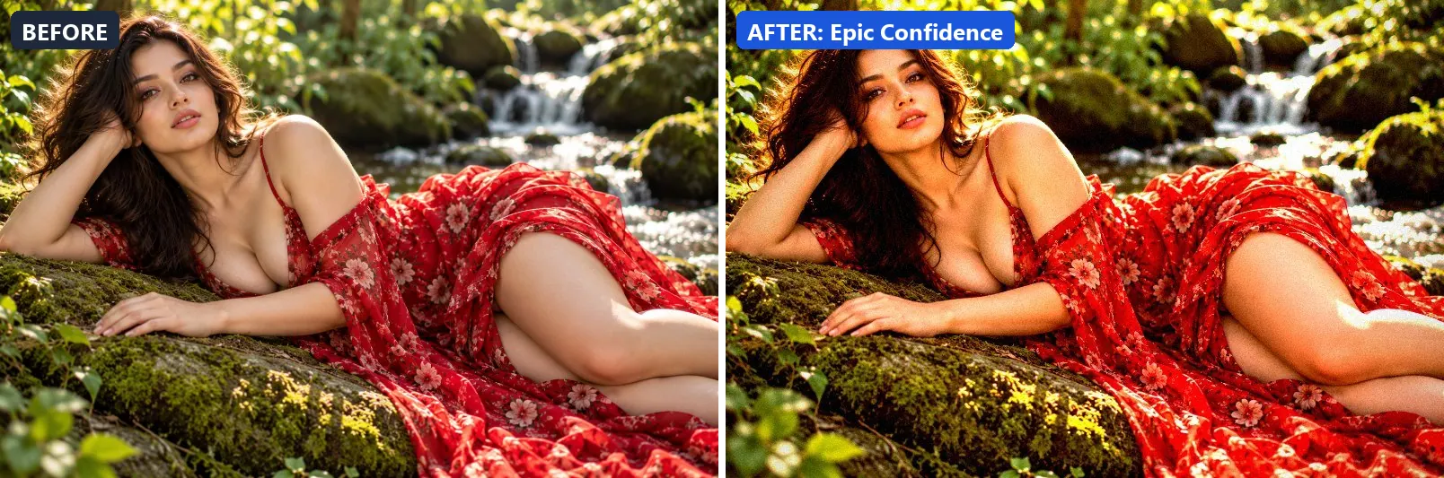 Before and after comparison of the Epic Confidence photo filter (Emotional Mood) on the sample photo