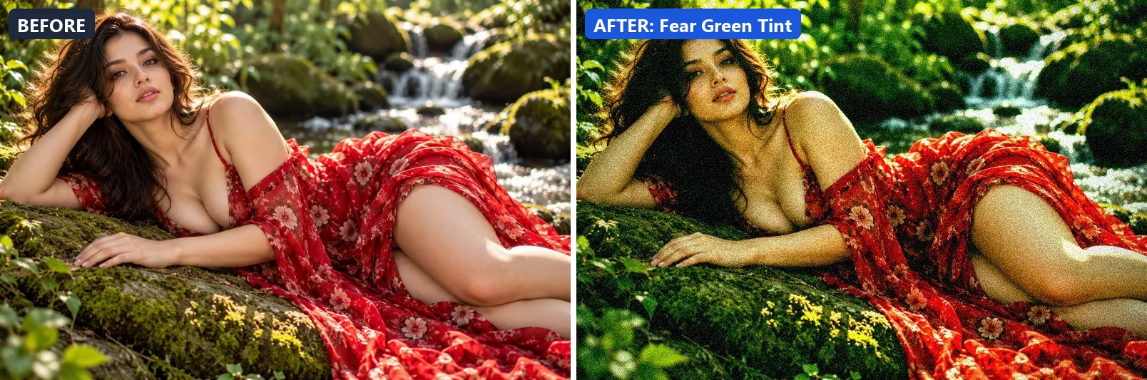 Before and after comparison of the Fear Green Tint photo filter (Emotional Mood) on the sample photo