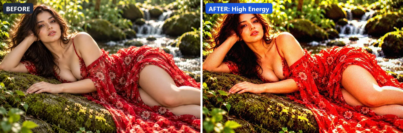 Before and after comparison of the High Energy photo filter (Emotional Mood) on the sample photo