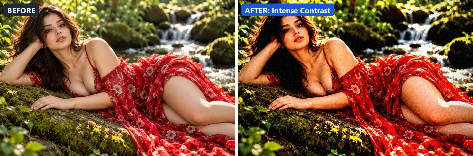 Before and after comparison of the Intense Contrast photo filter (Emotional Mood) on the sample photo