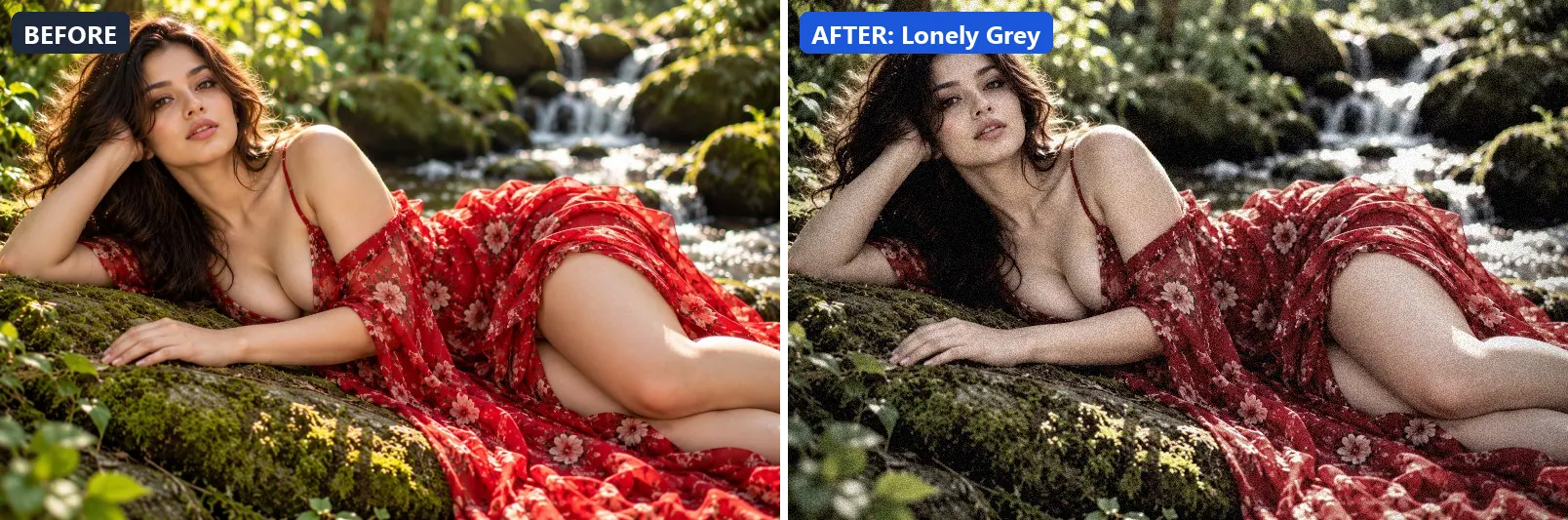 Before and after comparison of the Lonely Grey photo filter (Emotional Mood) on the sample photo