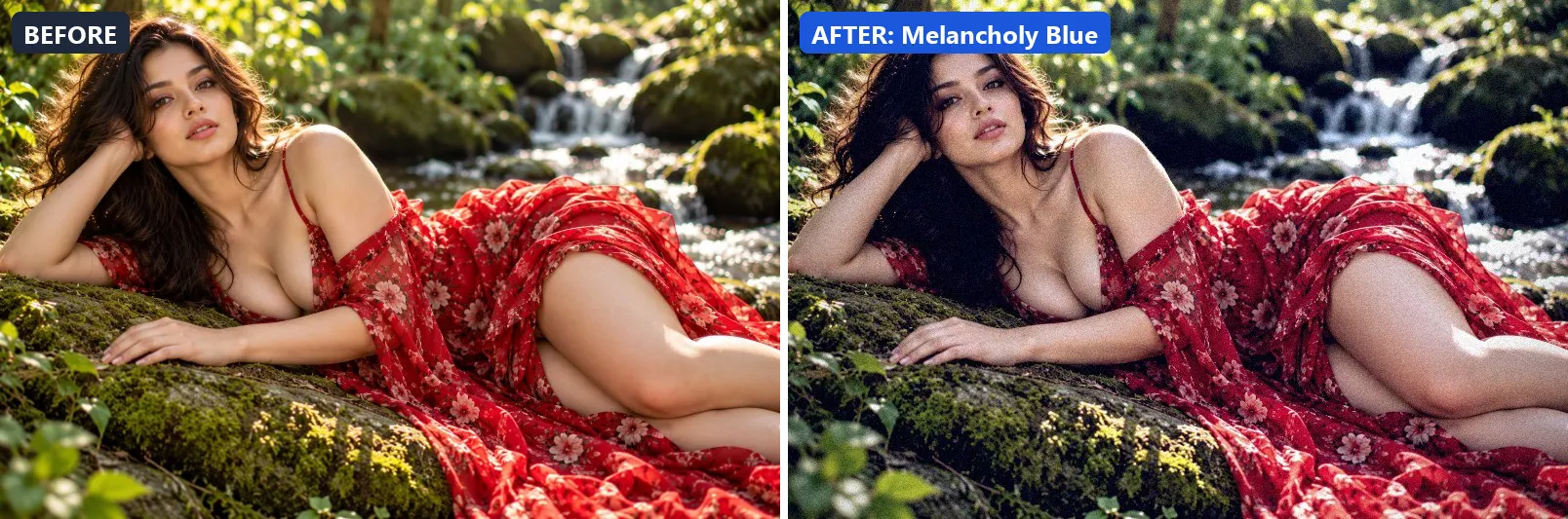 Before and after comparison of the Melancholy Blue photo filter (Emotional Mood) on the sample photo