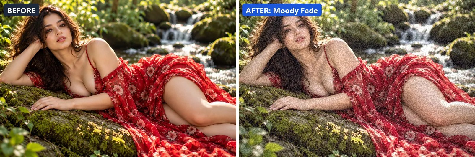 Before and after comparison of the Moody Fade photo filter (Emotional Mood) on the sample photo