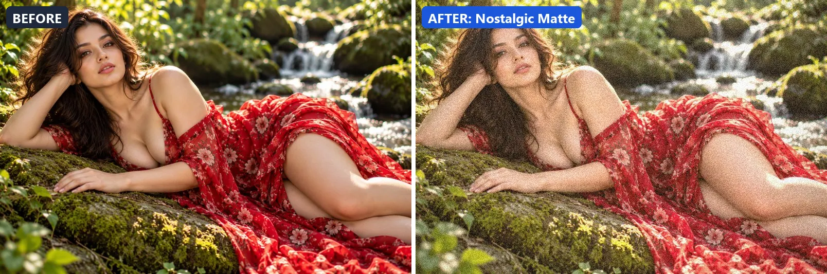 Before and after comparison of the Nostalgic Matte photo filter (Emotional Mood) on the sample photo