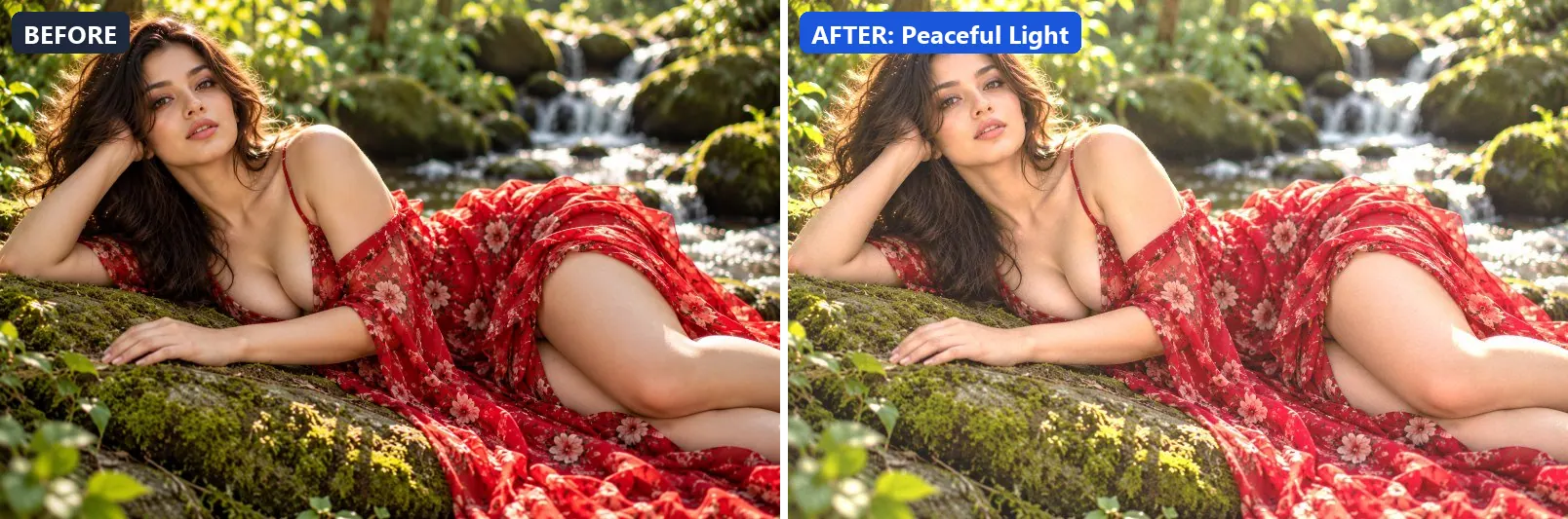 Before and after comparison of the Peaceful Light photo filter (Emotional Mood) on the sample photo