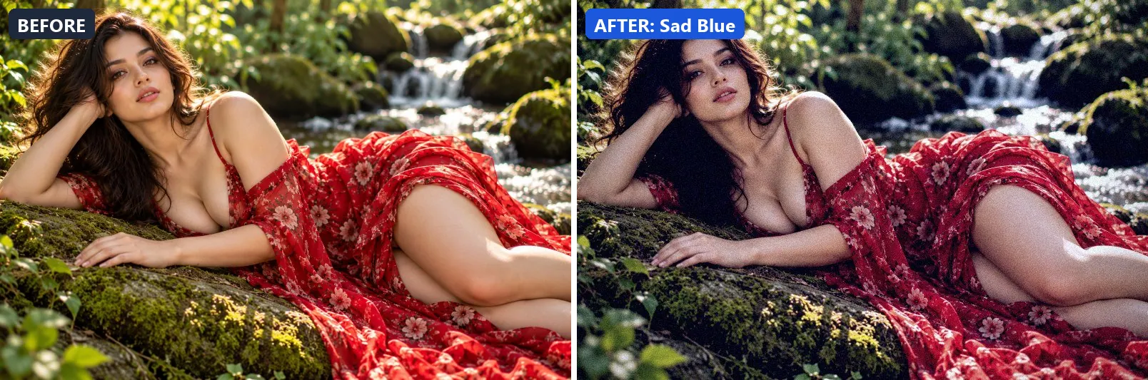 Before and after comparison of the Sad Blue photo filter (Emotional Mood) on the sample photo