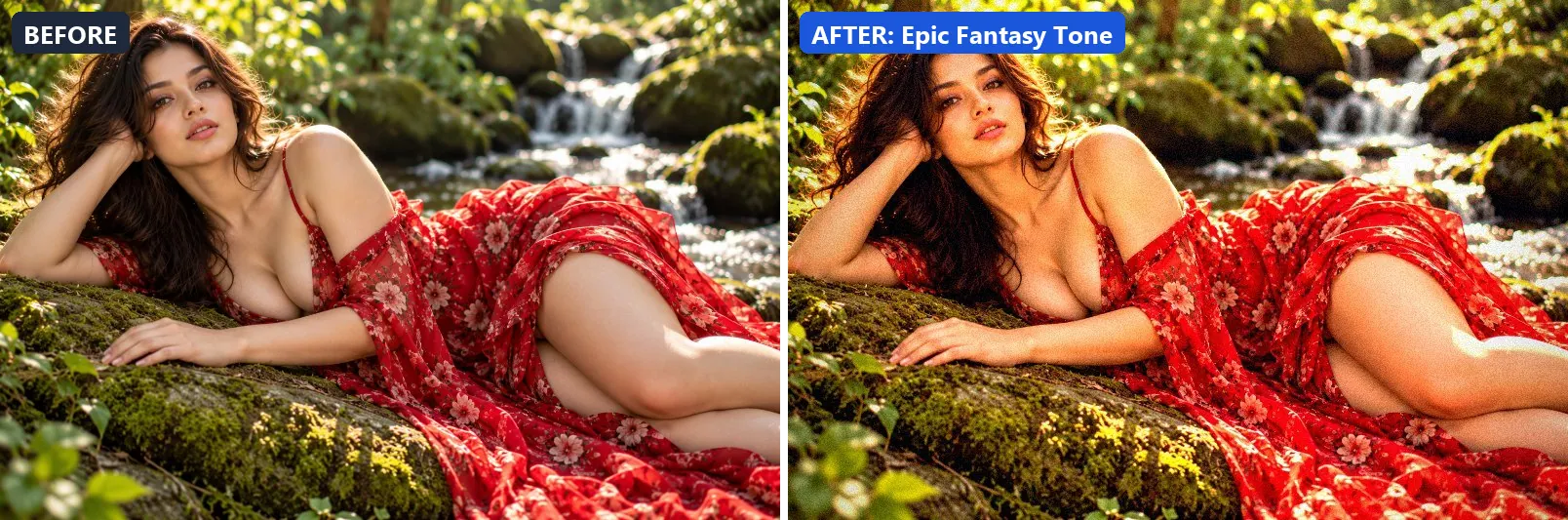 Before and after comparison of the Epic Fantasy Tone photo filter (Cinematic) on the sample photo