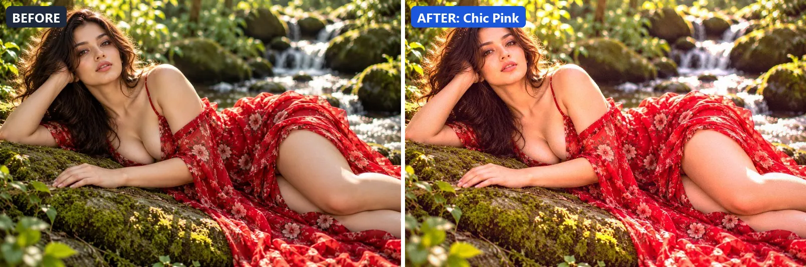 Before and after comparison of the Chic Pink photo filter (Fashion & Editorial) on the sample photo