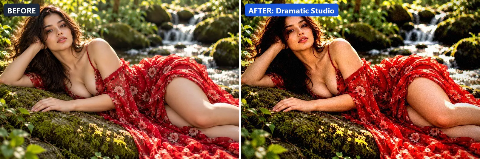 Before and after comparison of the Dramatic Studio photo filter (Fashion & Editorial) on the sample photo