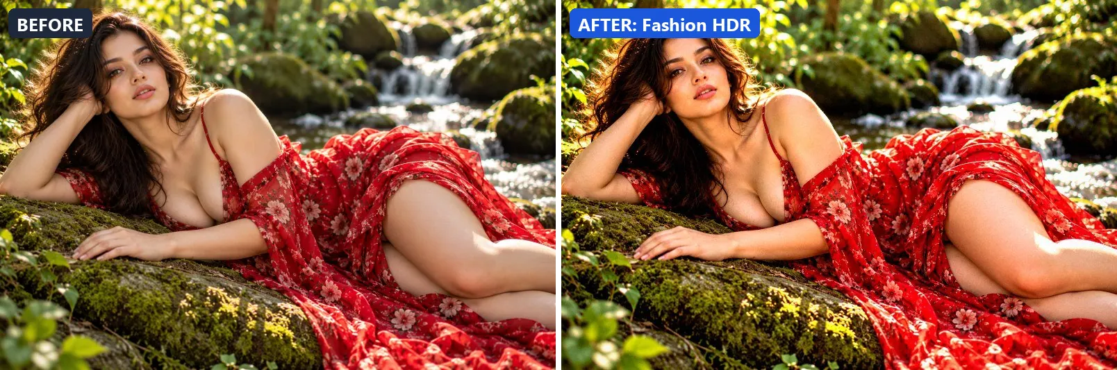 Before and after comparison of the Fashion HDR photo filter (Fashion & Editorial) on the sample photo