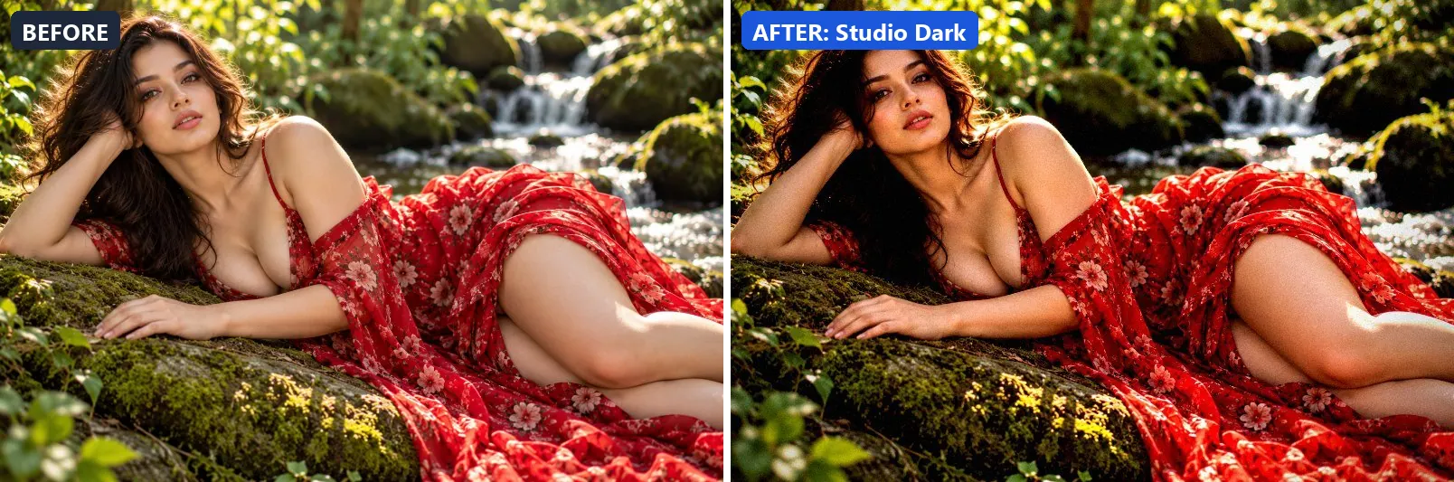 Before and after comparison of the Studio Dark photo filter (Fashion & Editorial) on the sample photo