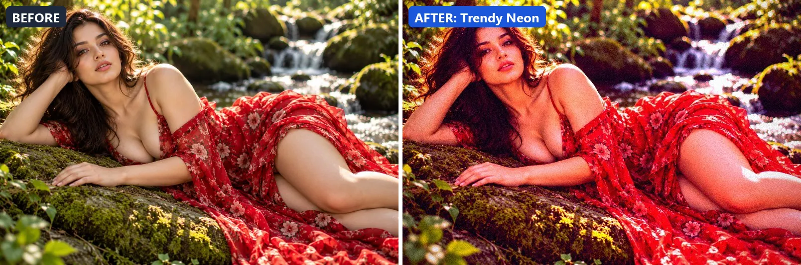 Before and after comparison of the Trendy Neon photo filter (Fashion & Editorial) on the sample photo