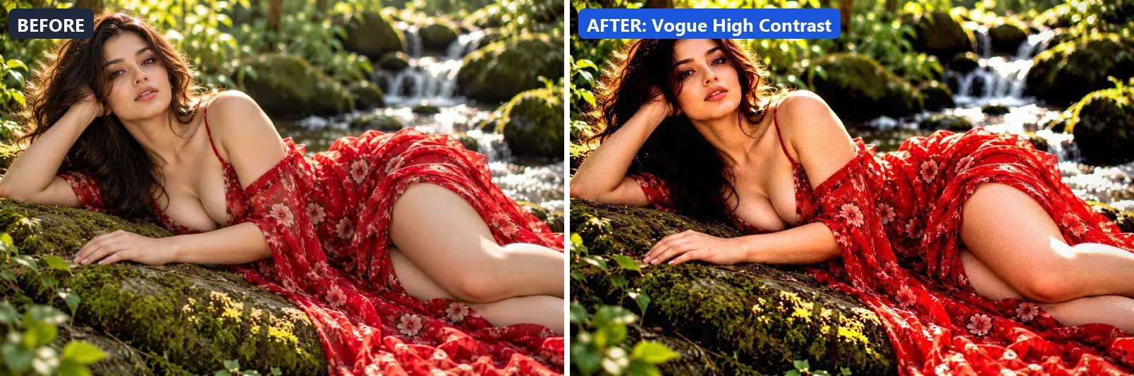 Before and after comparison of the Vogue High Contrast photo filter (Fashion & Editorial) on the sample photo