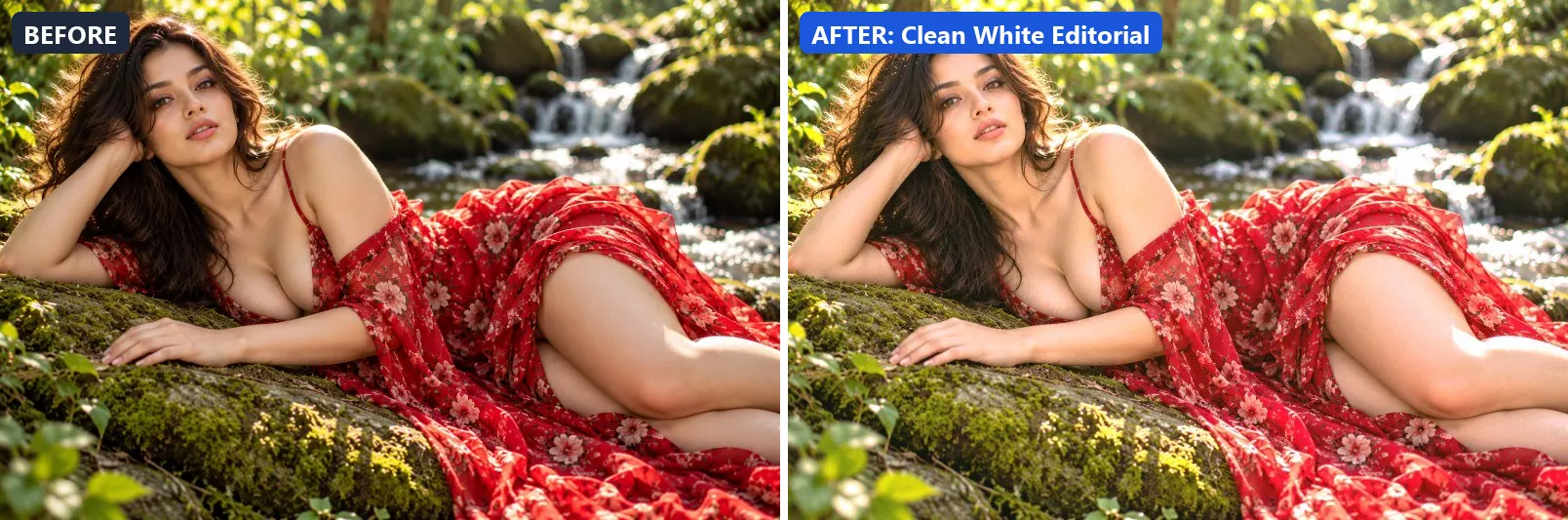 Before and after comparison of the Clean White Editorial photo filter (Fashion & Editorial) on the sample photo
