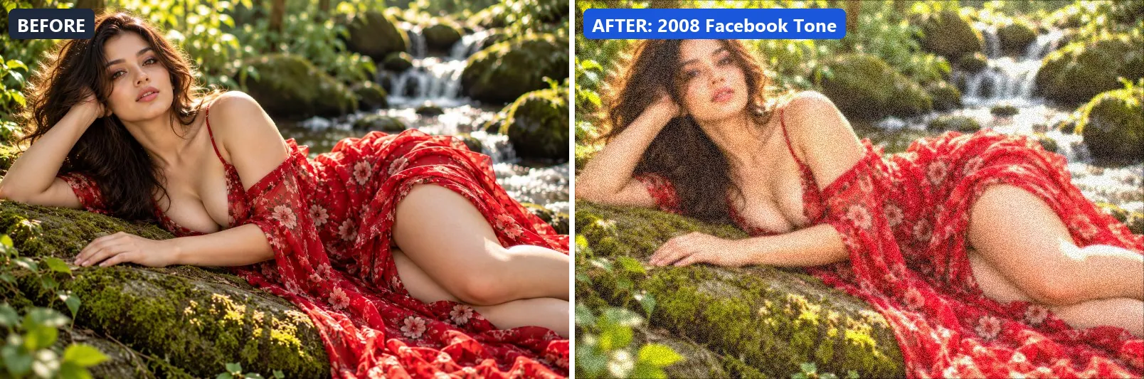 Before and after comparison of the 2008 Facebook Tone photo filter (Film Emulation) on the sample photo