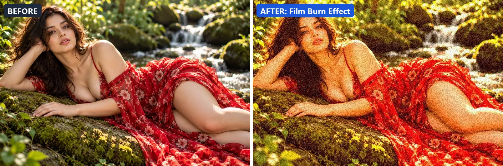 Before and after comparison of the Film Burn Effect photo filter (Lighting Effects) on the sample photo