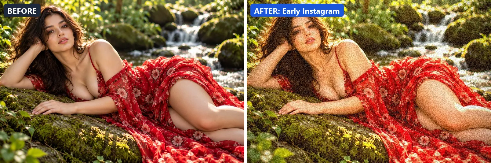 Before and after comparison of the Early Instagram photo filter (Film Emulation) on the sample photo