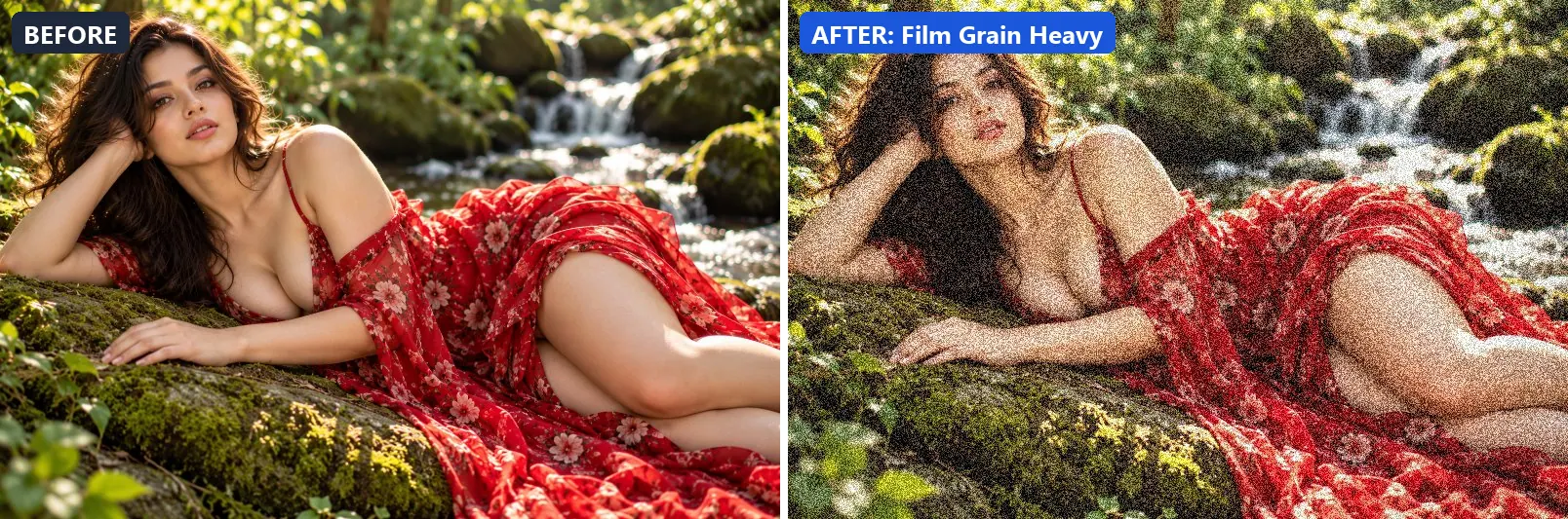 Before and after comparison of the Film Grain Heavy photo filter (Artistic Styles) on the sample photo