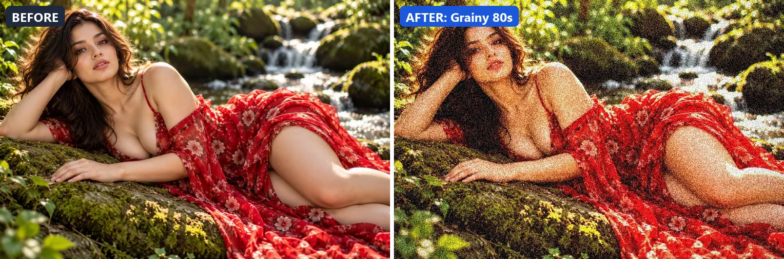 Before and after comparison of the Grainy 80s photo filter (Film Emulation) on the sample photo