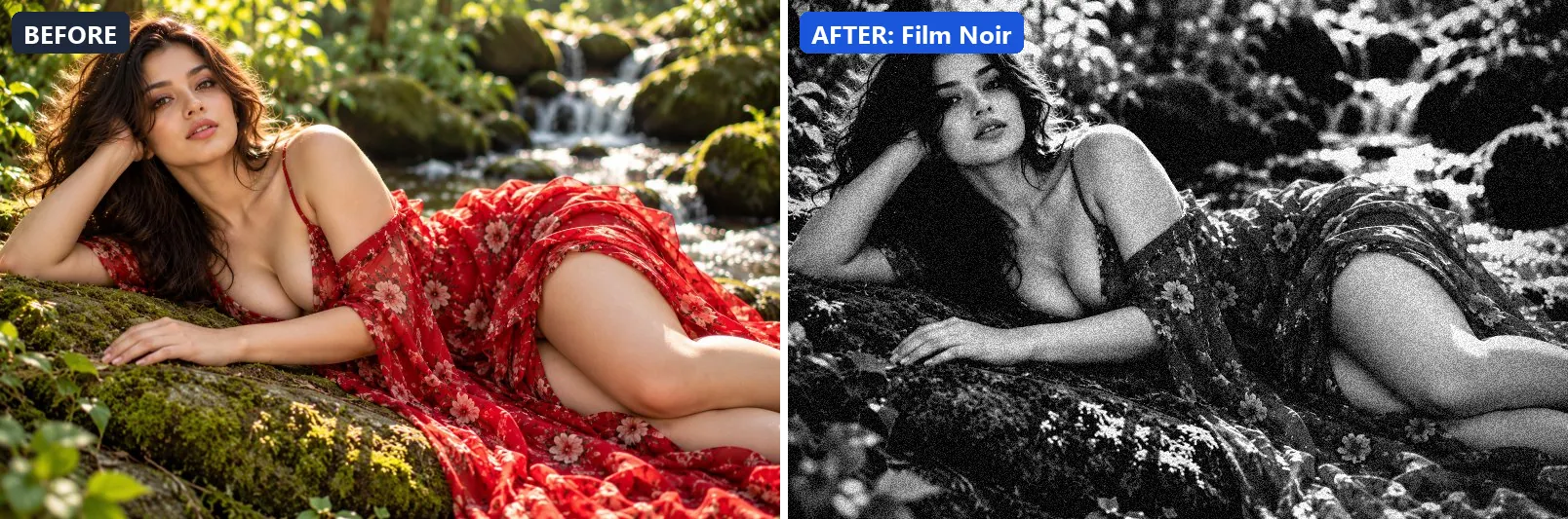 Before and after comparison of the Film Noir photo filter (Cinematic) on the sample photo