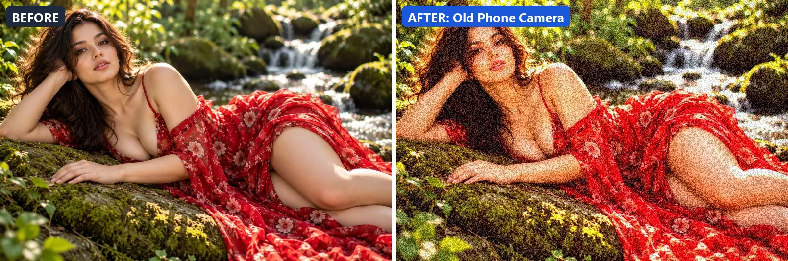 Before and after comparison of the Old Phone Camera photo filter (Film Emulation) on the sample photo