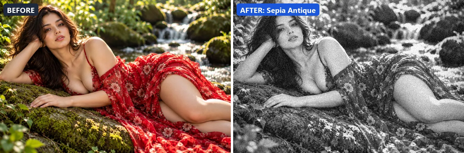 Before and after comparison of the Sepia Antique photo filter (Film Emulation) on the sample photo