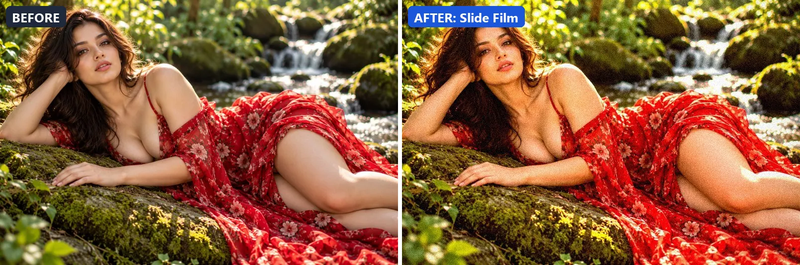 Before and after comparison of the Slide Film photo filter (Film Emulation) on the sample photo