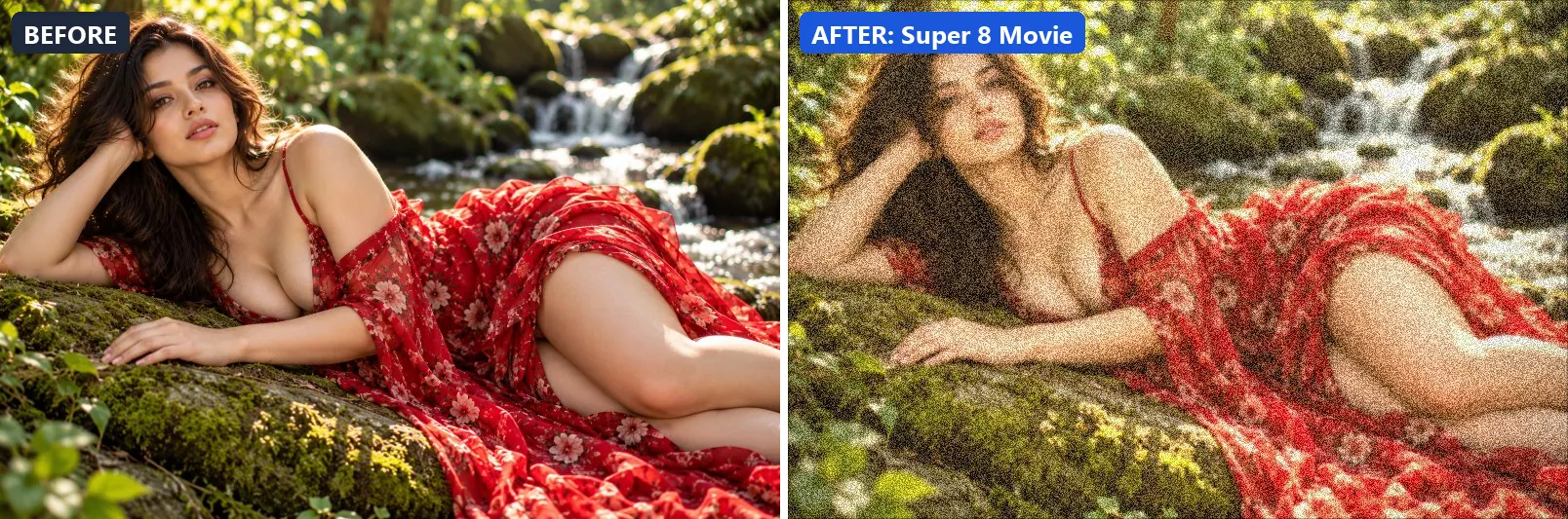 Before and after comparison of the Super 8 Movie photo filter (Film Emulation) on the sample photo