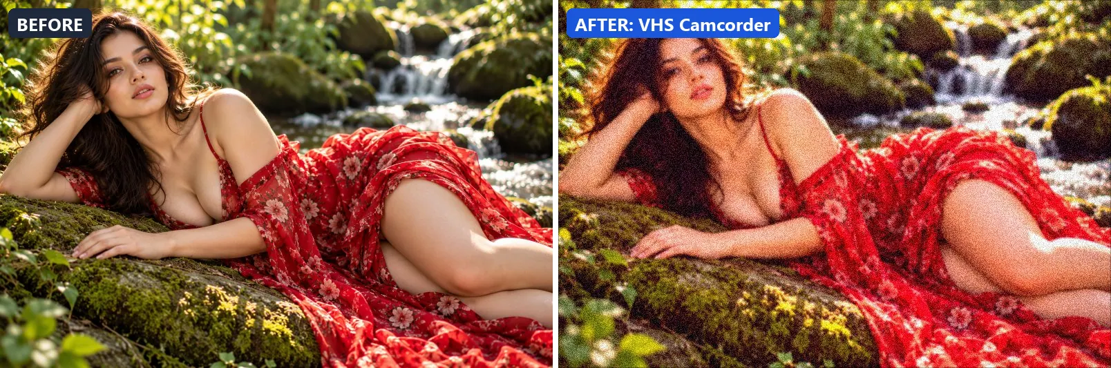 Before and after comparison of the VHS Camcorder photo filter (Film Emulation) on the sample photo