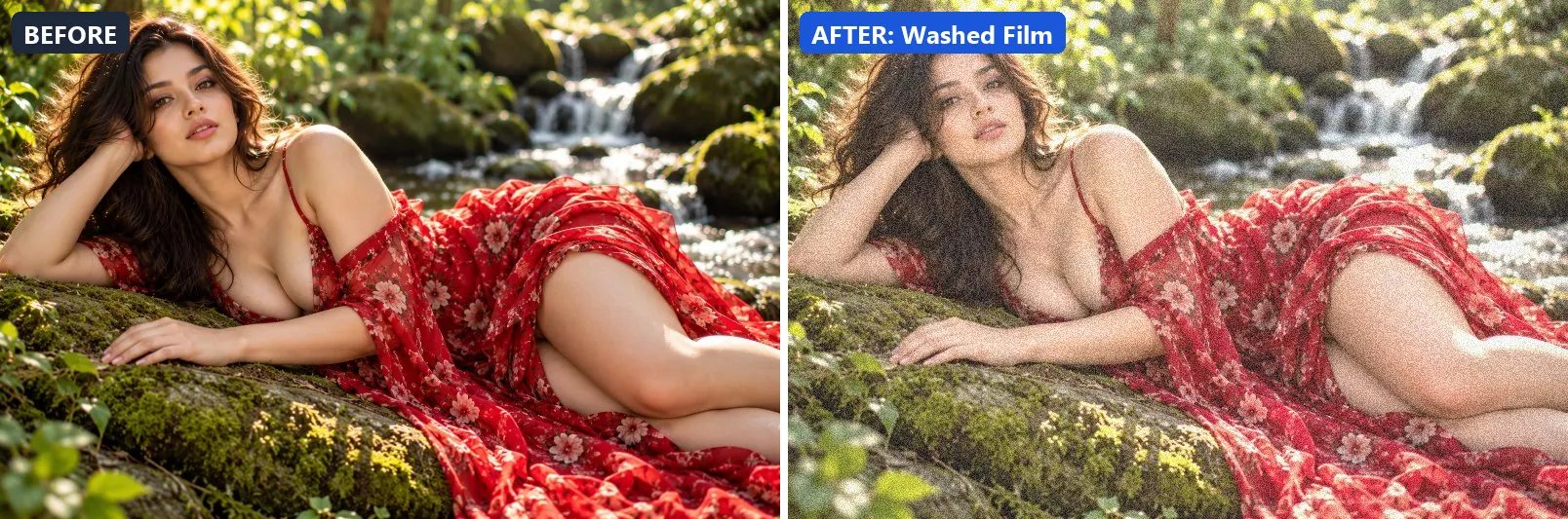 Before and after comparison of the Washed Film photo filter (Film Emulation) on the sample photo