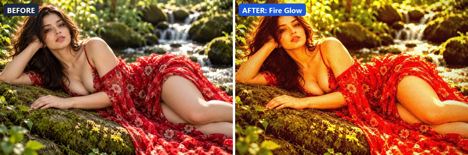 Before and after comparison of the Fire Glow photo filter (Atmosphere) on the sample photo