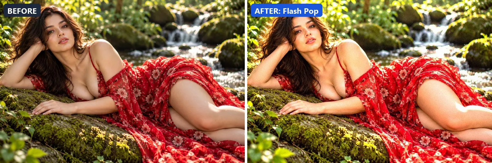 Before and after comparison of the Flash Pop photo filter (Lighting Effects) on the sample photo