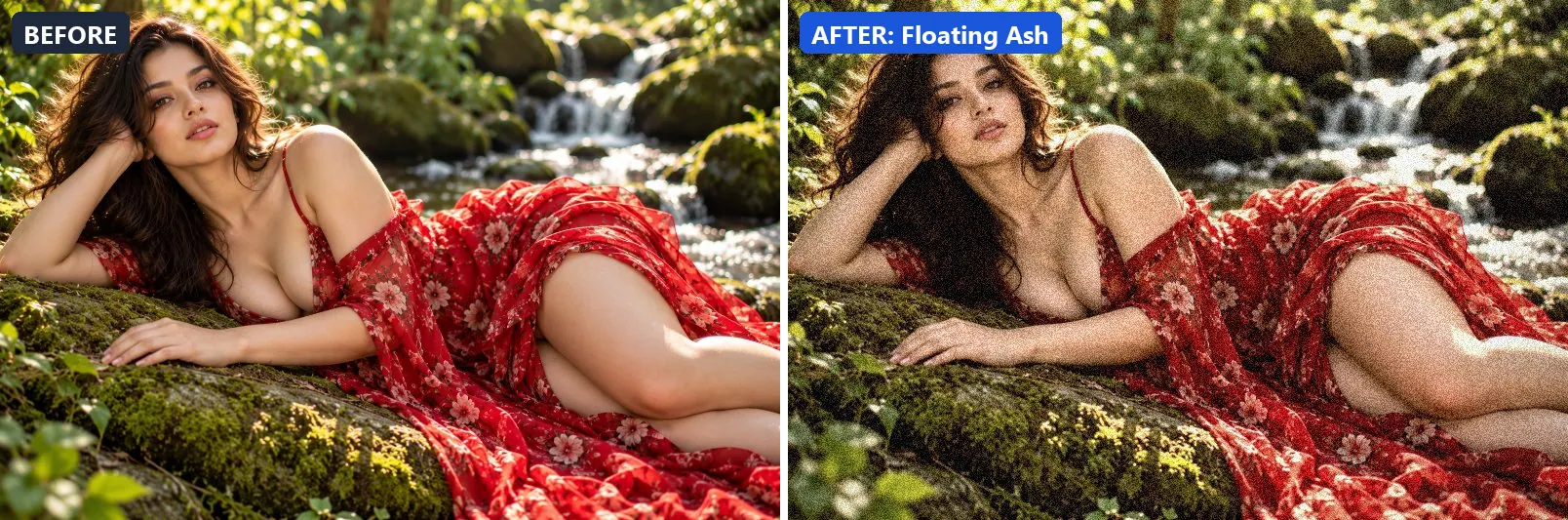 Before and after comparison of the Floating Ash photo filter (Atmosphere) on the sample photo