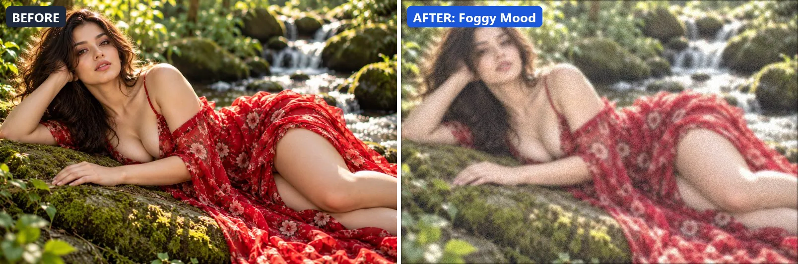 Before and after comparison of the Foggy Mood photo filter (Atmosphere) on the sample photo