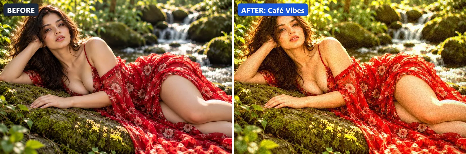 Before and after comparison of the Café Vibes photo filter (Food & Product) on the sample photo