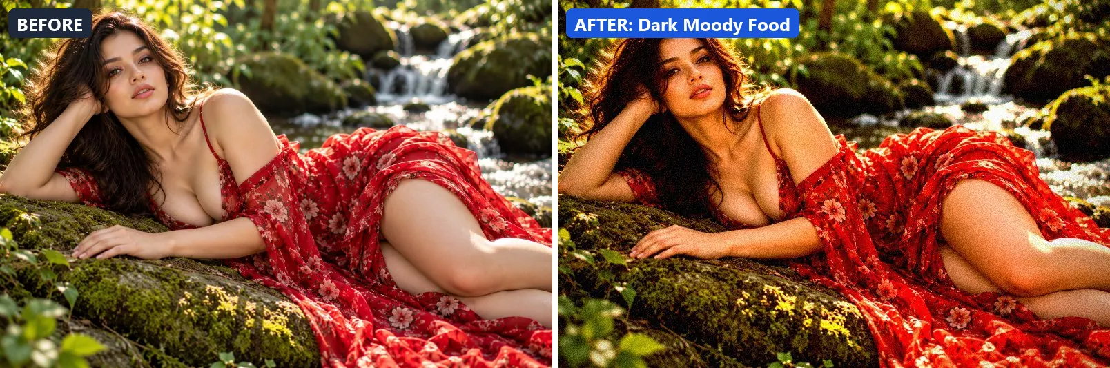 Before and after comparison of the Dark Moody Food photo filter (Food & Product) on the sample photo