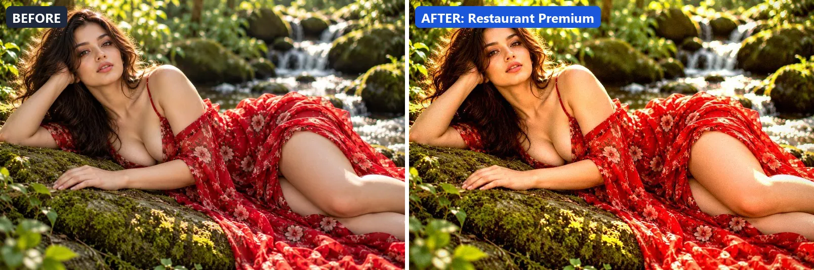 Before and after comparison of the Restaurant Premium photo filter (Food & Product) on the sample photo