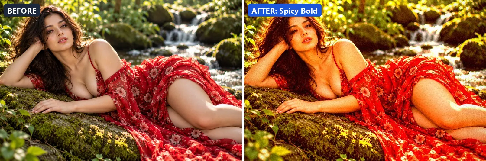 Before and after comparison of the Spicy Bold photo filter (Food & Product) on the sample photo