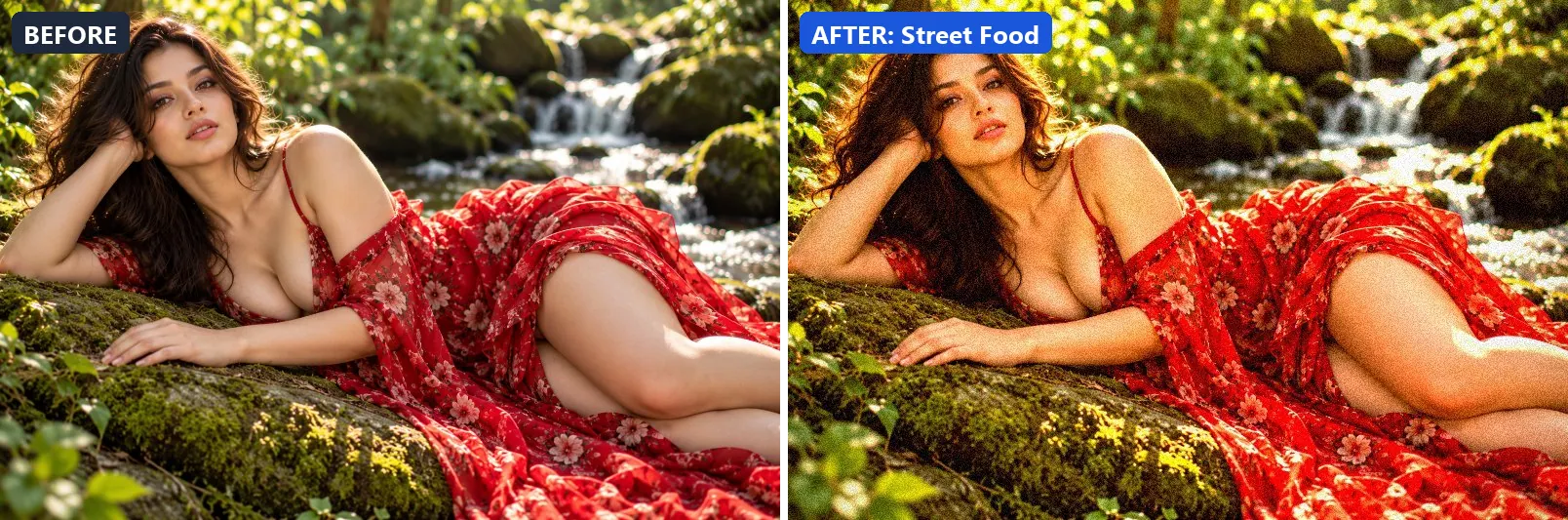 Before and after comparison of the Street Food photo filter (Food & Product) on the sample photo