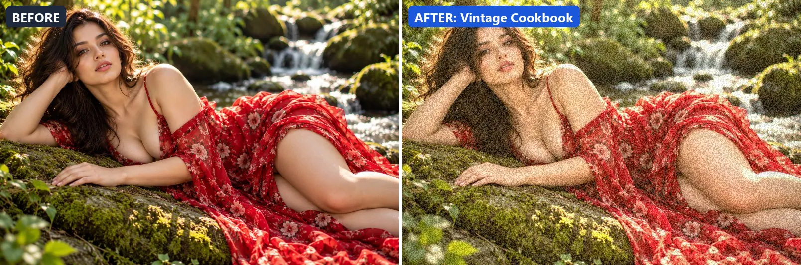 Before and after comparison of the Vintage Cookbook photo filter (Food & Product) on the sample photo
