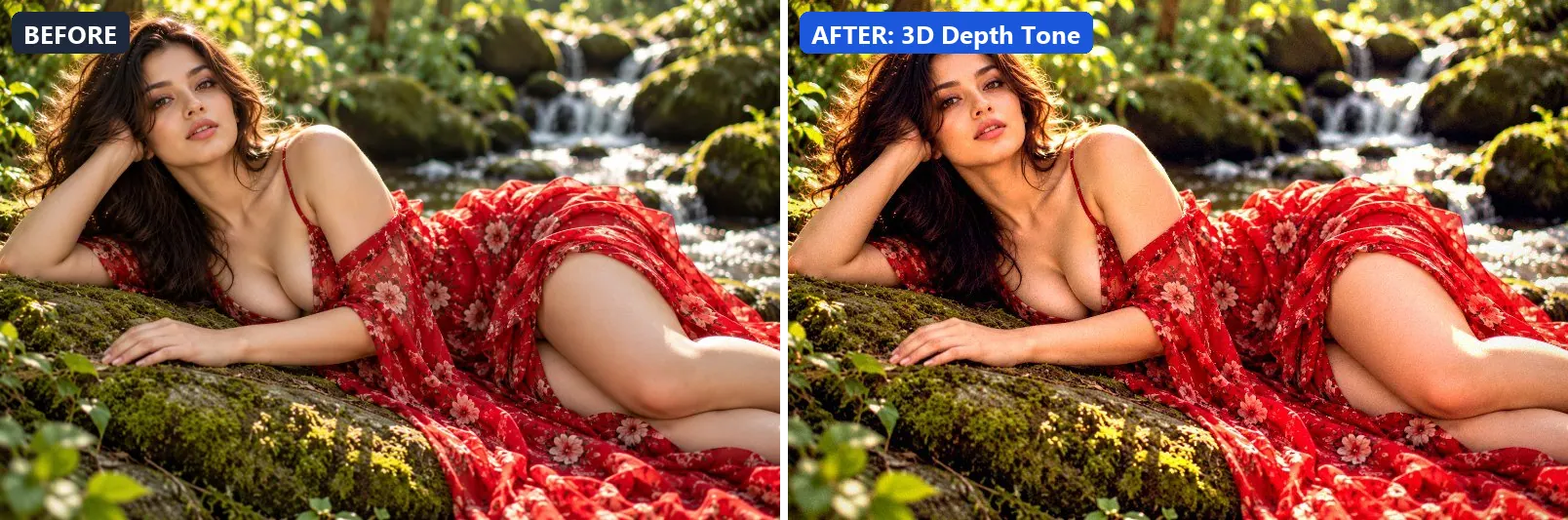 Before and after comparison of the 3D Depth Tone photo filter (Experimental FX) on the sample photo