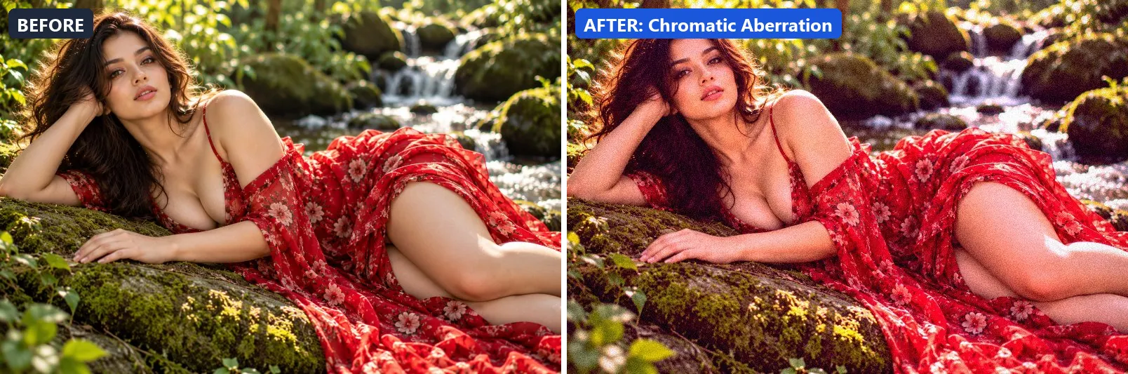 Before and after comparison of the Chromatic Aberration photo filter (Experimental FX) on the sample photo