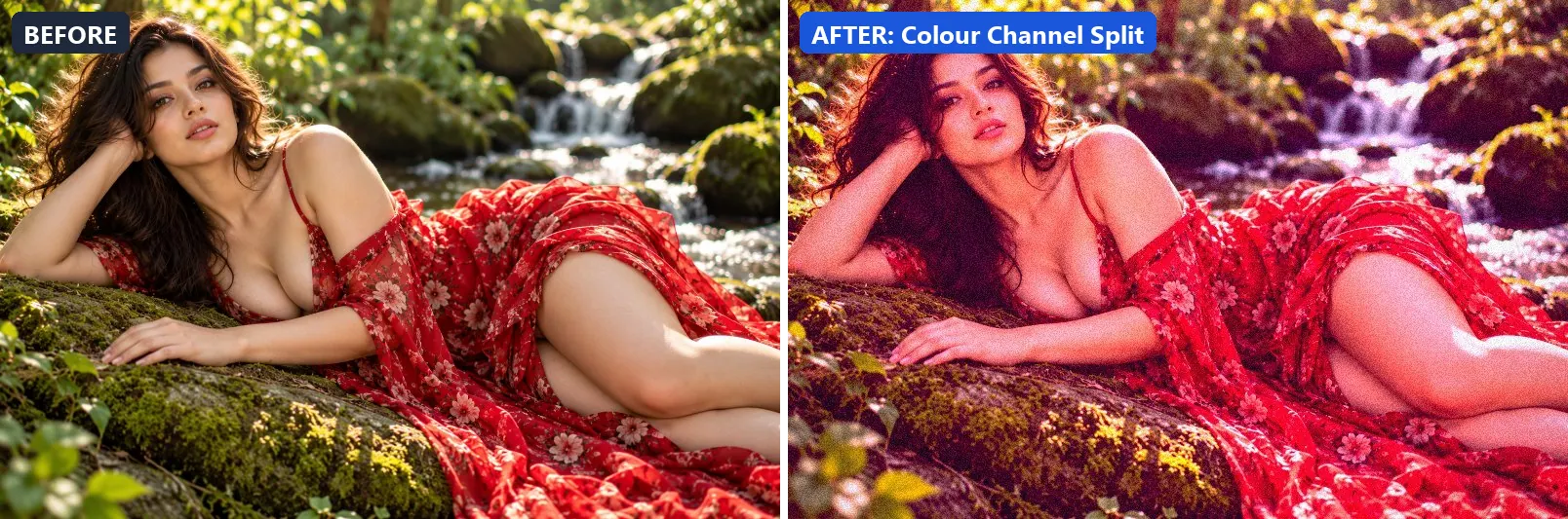 Before and after comparison of the Colour Channel Split photo filter (Experimental FX) on the sample photo